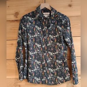 Barbour Women's Sz 6 Button Up Floral Cotton Long Sleeve Shirt Navy Pink Yellow